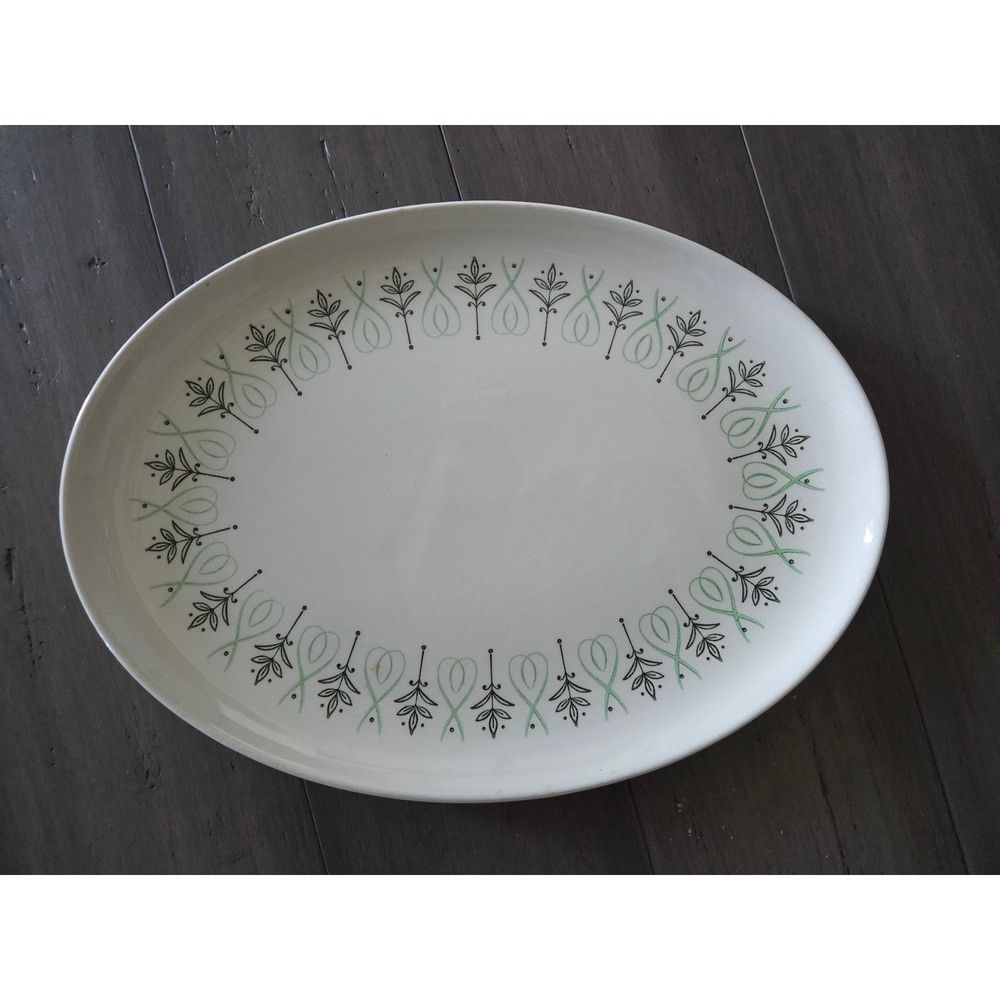 Vintage Mid-Century Oval Platter Green Black Scroll Leaf Atomic Serving Tray
